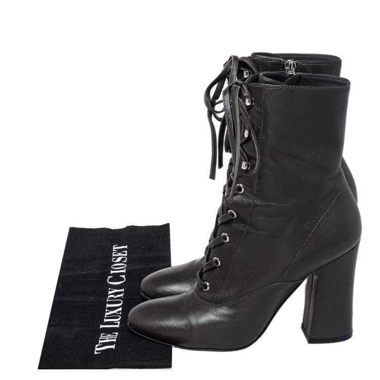 Pre Owned Gianvito Rossi Grey Leather Block Heel Ankle Boots Size 37.5