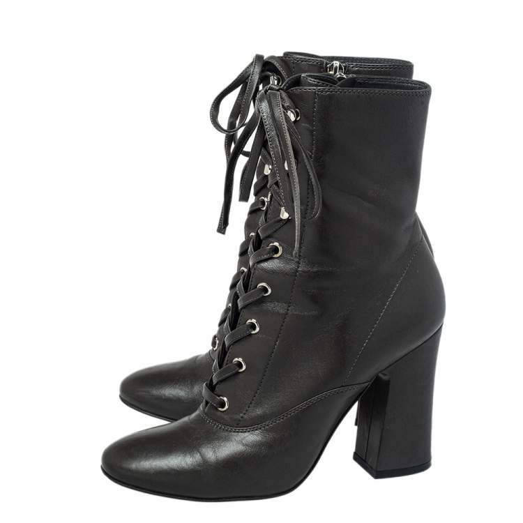 Pre Owned Gianvito Rossi Grey Leather Block Heel Ankle Boots Size 37.5