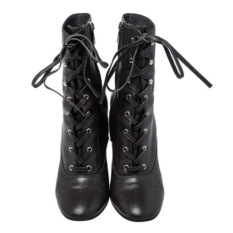 Pre Owned Gianvito Rossi Grey Leather Block Heel Ankle Boots Size 37.5