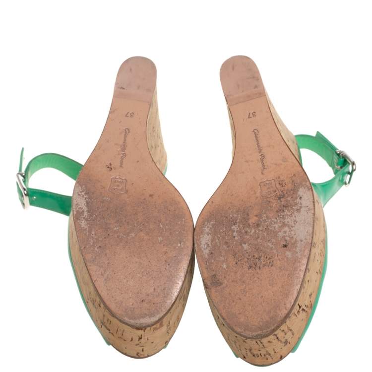 Pre Owned Gianvito Rossi Green Patent Leather Cork Wedge Platform Slingback Sandals Size 37