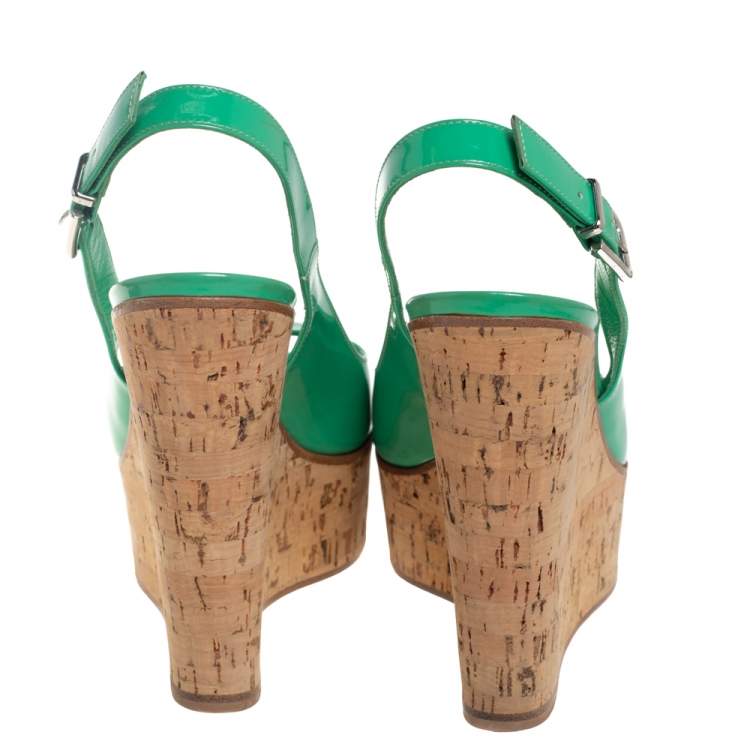Pre Owned Gianvito Rossi Green Patent Leather Cork Wedge Platform Slingback Sandals Size 37
