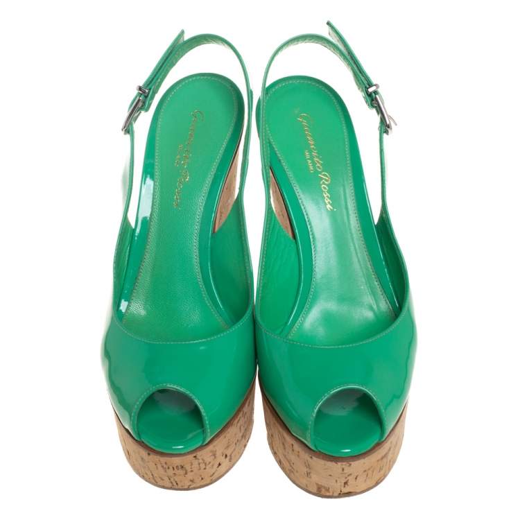 Pre Owned Gianvito Rossi Green Patent Leather Cork Wedge Platform Slingback Sandals Size 37