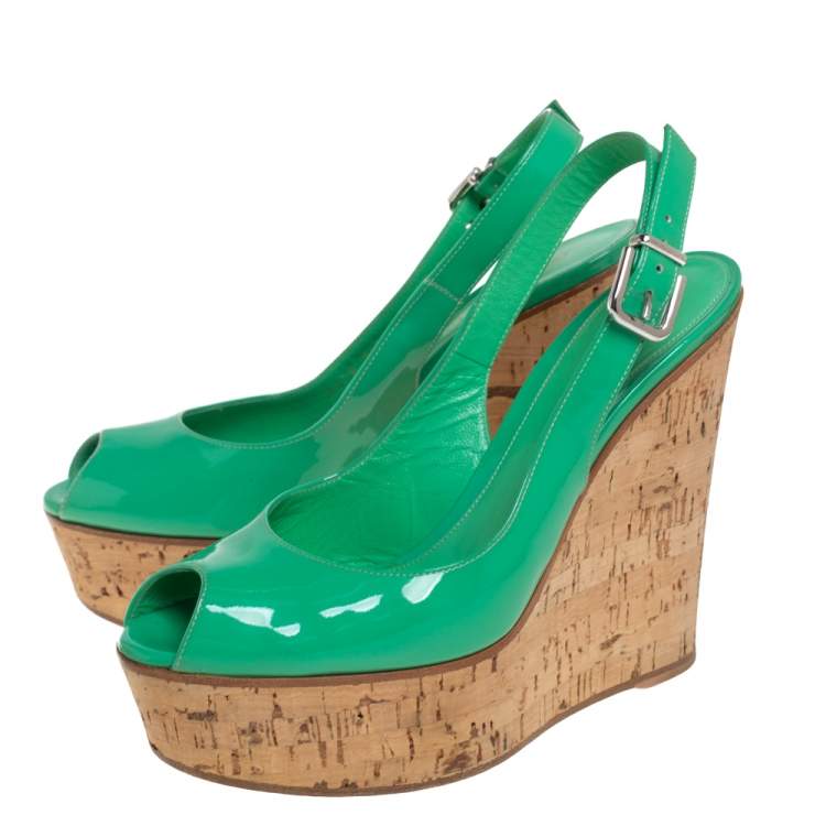 Pre Owned Gianvito Rossi Green Patent Leather Cork Wedge Platform Slingback Sandals Size 37