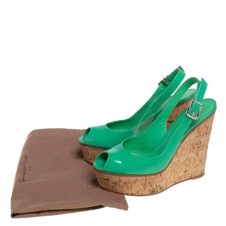 Pre Owned Gianvito Rossi Green Patent Leather Cork Wedge Platform Slingback Sandals Size 37