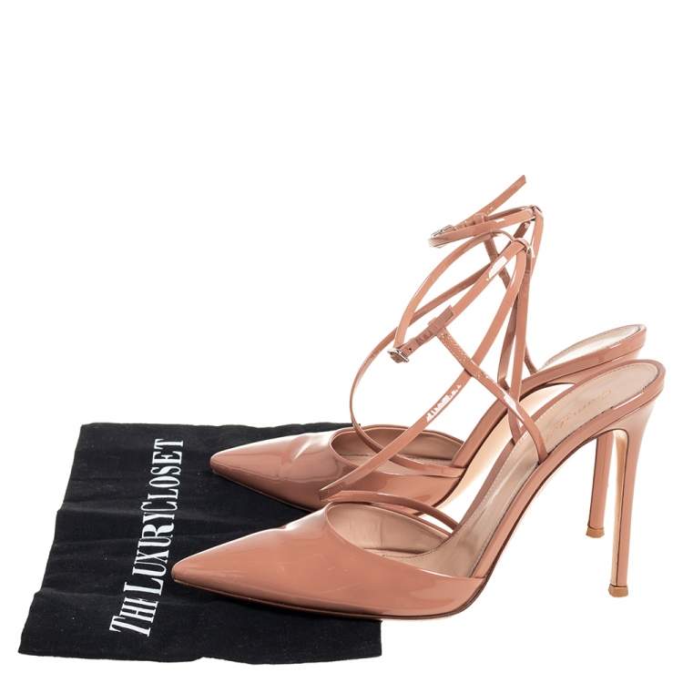 Pre Owned Gianvito Rossi Beige Patent Leather Ankle Strap Sandals Size 40