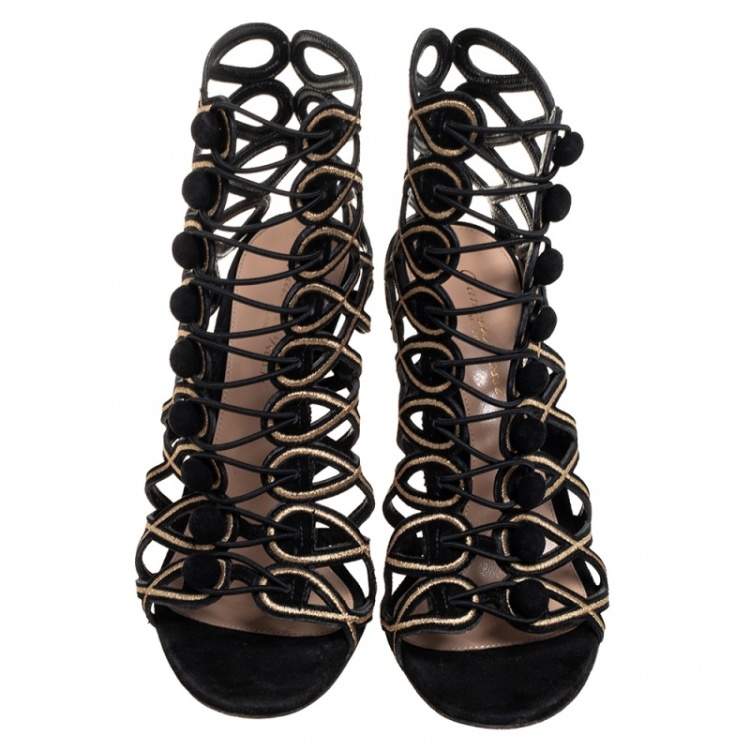 Pre Owned Gianvito Rossi Black Suede Open Toe Booties Size 39