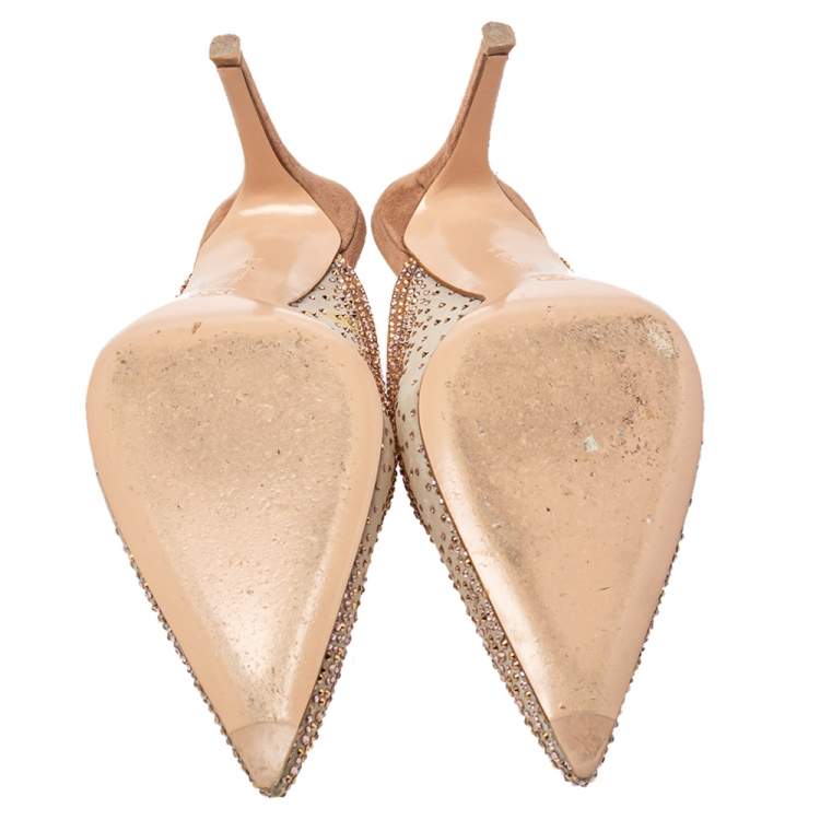 Pre Owned Gianvito Rossi Beige Crystal Embellished Mesh Pointed Toe Mules Size 39