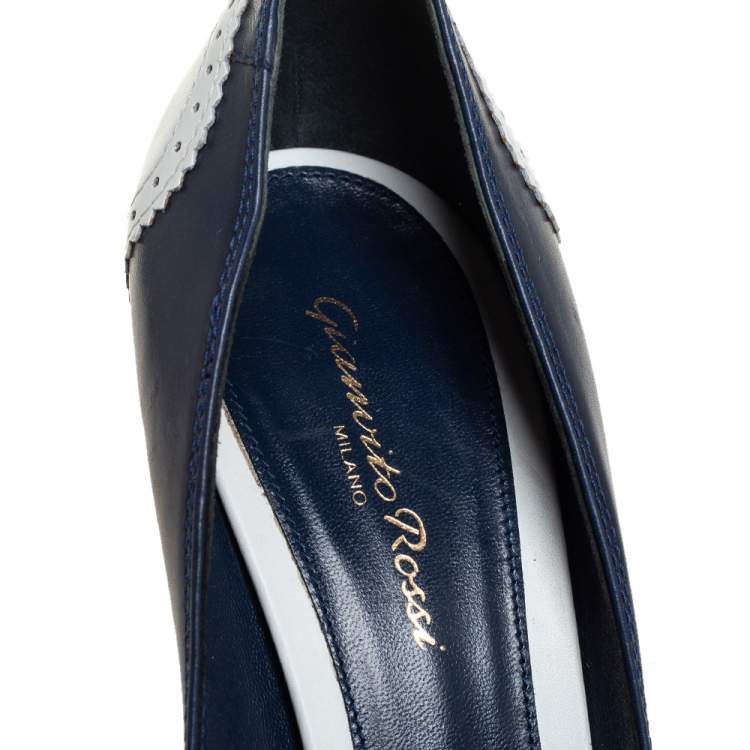 Pre Owned Gianvito Rossi White/Blue Leather Peep Toe Pumps Size 39.5