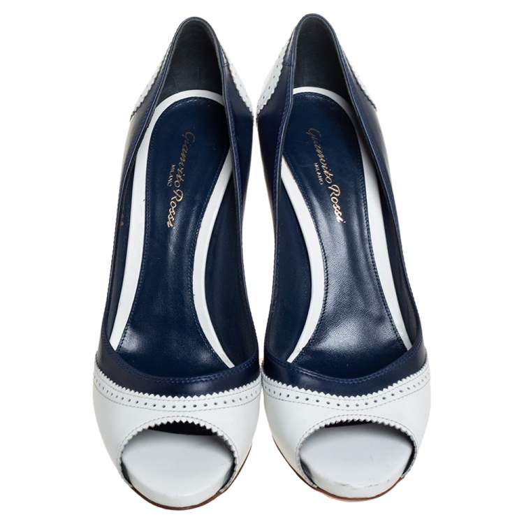 Pre Owned Gianvito Rossi White/Blue Leather Peep Toe Pumps Size 39.5