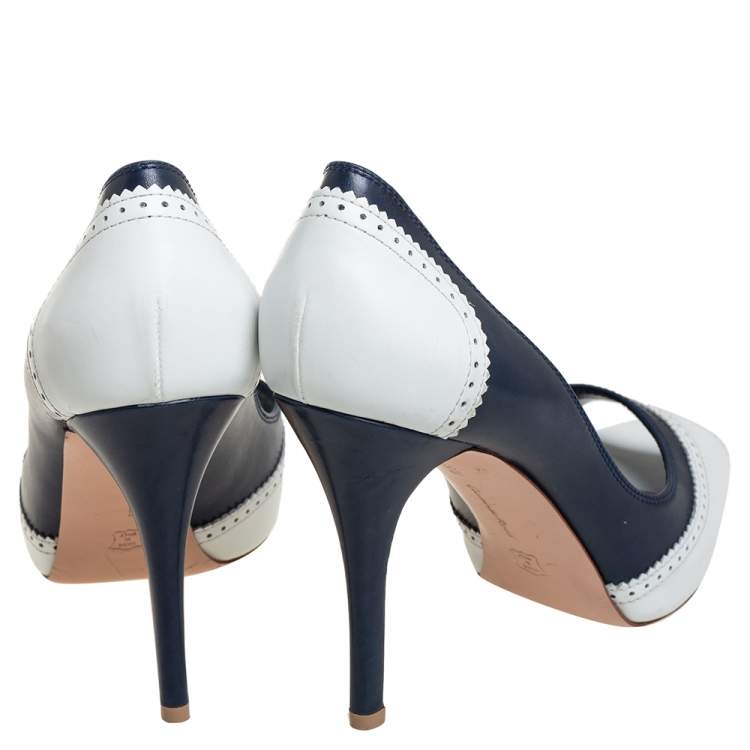 Pre Owned Gianvito Rossi White/Blue Leather Peep Toe Pumps Size 39.5