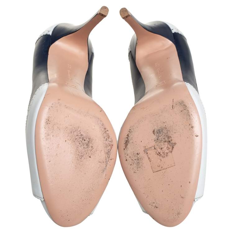 Pre Owned Gianvito Rossi White/Blue Leather Peep Toe Pumps Size 39.5