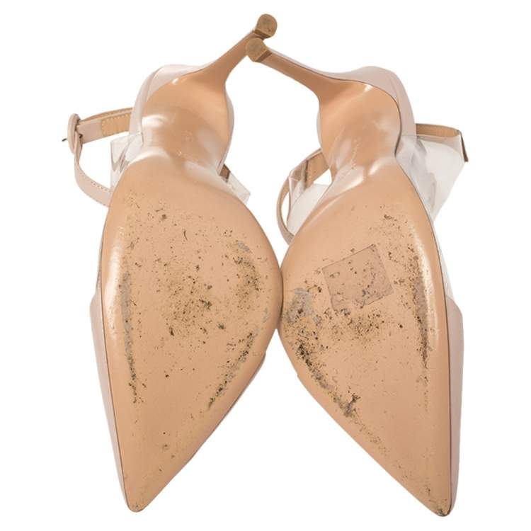 Pre Owned Gianvito Rossi Light Beige Leather And PVC Anise Pointed Toe Ankle Strap Sandals Size 39