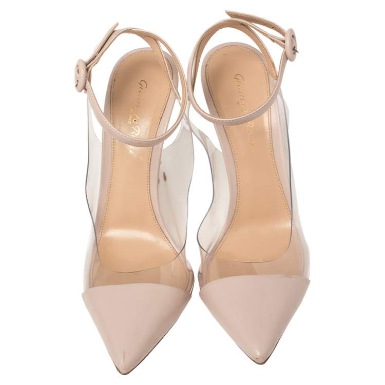 Pre Owned Gianvito Rossi Light Beige Leather And PVC Anise Pointed Toe Ankle Strap Sandals Size 39