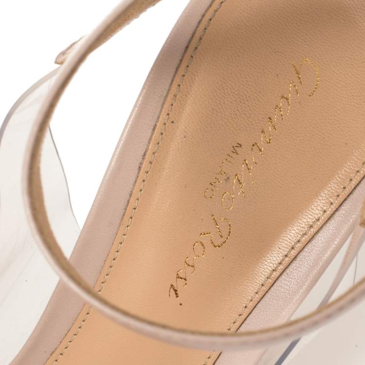 Pre Owned Gianvito Rossi Light Beige Leather And PVC Anise Pointed Toe Ankle Strap Sandals Size 39