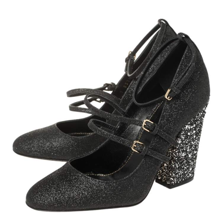 Pre Owned Sergio Rossi Black Glitter Betty Mary Jane Pumps Size 36