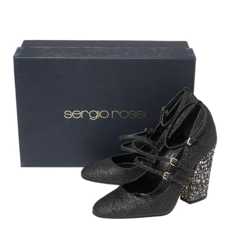 Pre Owned Sergio Rossi Black Glitter Betty Mary Jane Pumps Size 36