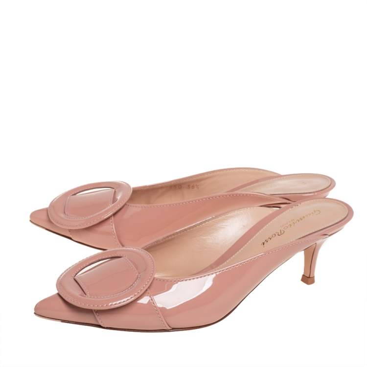 Pre Owned Gianvito Rossi Beige Patent Leather Ruby Mules Size 36.5