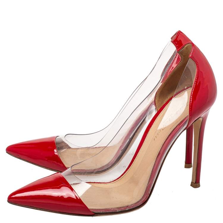 Pre Owned Gianvito Rossi Red Patent Leather And PVC Plexi Pointed Toe Pumps Size 38
