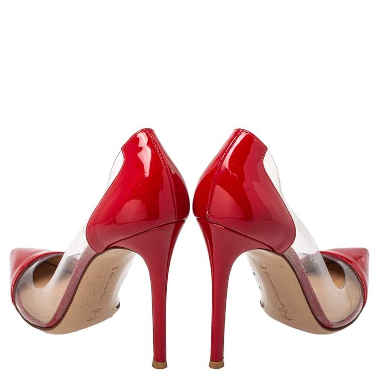 Pre Owned Gianvito Rossi Red Patent Leather And PVC Plexi Pointed Toe Pumps Size 38
