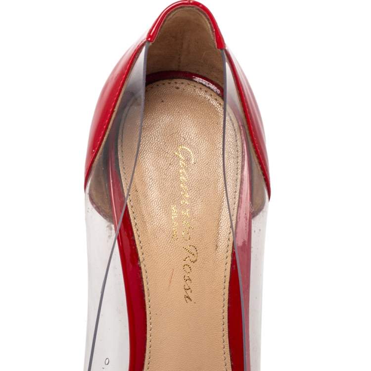Pre Owned Gianvito Rossi Red Patent Leather And PVC Plexi Pointed Toe Pumps Size 38