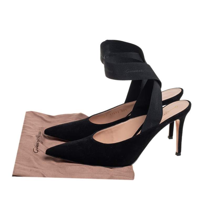 Pre Owned Gianvito Rossi Black Suede And Elastic Strap Pointed Toe Ankle Wrap Sandals Size 40.5