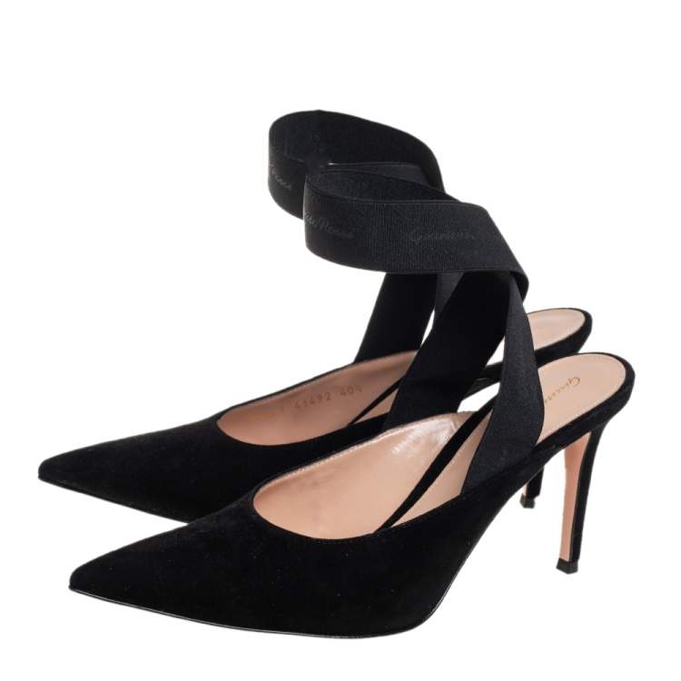 Pre Owned Gianvito Rossi Black Suede And Elastic Strap Pointed Toe Ankle Wrap Sandals Size 40.5