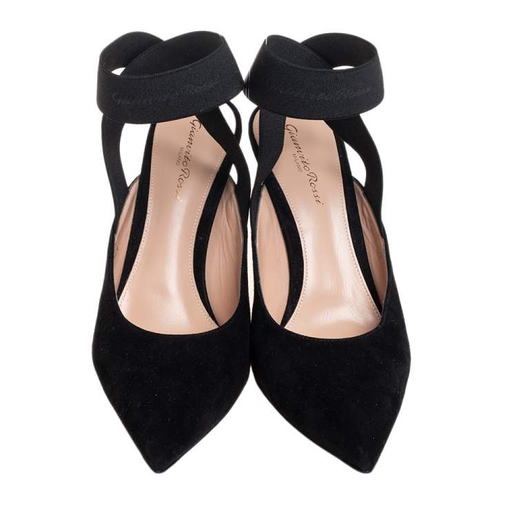Pre Owned Gianvito Rossi Black Suede And Elastic Strap Pointed Toe Ankle Wrap Sandals Size 40.5