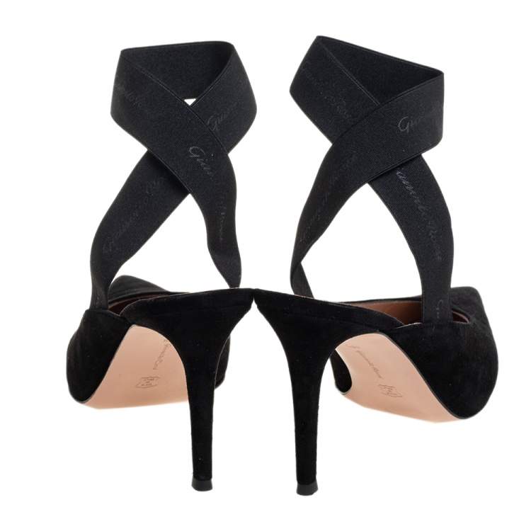 Pre Owned Gianvito Rossi Black Suede And Elastic Strap Pointed Toe Ankle Wrap Sandals Size 40.5