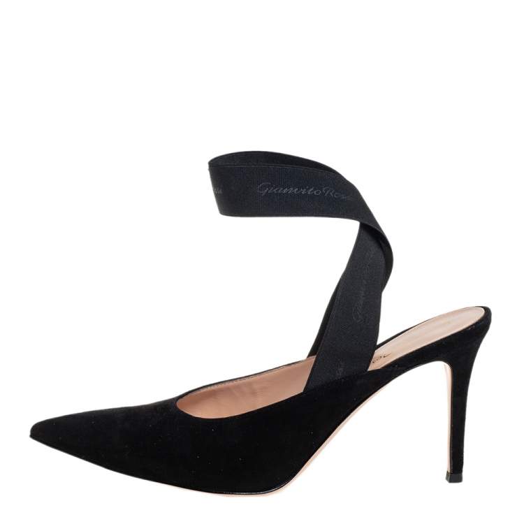 Pre Owned Gianvito Rossi Black Suede And Elastic Strap Pointed Toe Ankle Wrap Sandals Size 40.5