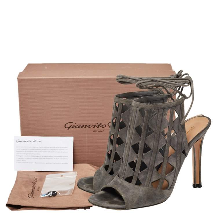 Pre Owned Gianvito Rossi Grey Suede Cutout Maxine Ankle Wrap Sandals Size 37.5
