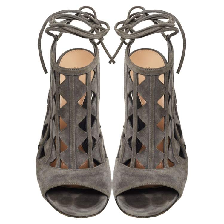 Pre Owned Gianvito Rossi Grey Suede Cutout Maxine Ankle Wrap Sandals Size 37.5