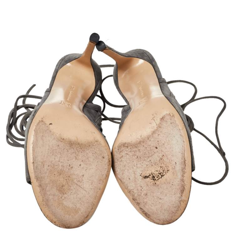 Pre Owned Gianvito Rossi Grey Suede Cutout Maxine Ankle Wrap Sandals Size 37.5