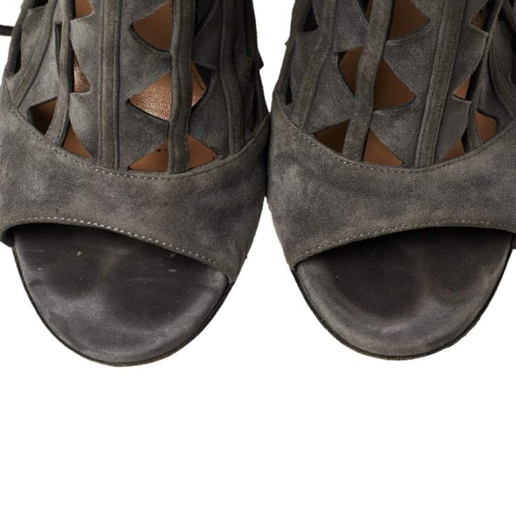 Pre Owned Gianvito Rossi Grey Suede Cutout Maxine Ankle Wrap Sandals Size 37.5