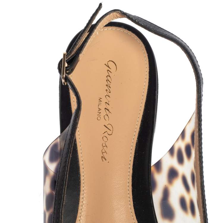 Pre Owned Gianvito Rossi Leopard Print PVC and Leather Trim Slingback Point Toe Flats Size 37