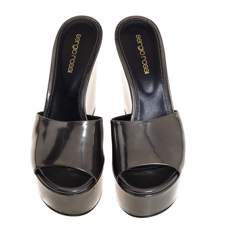 Pre Owned Gianvito Rossi Olive Green Patent Leather Wedge Platform Sandals Size 37