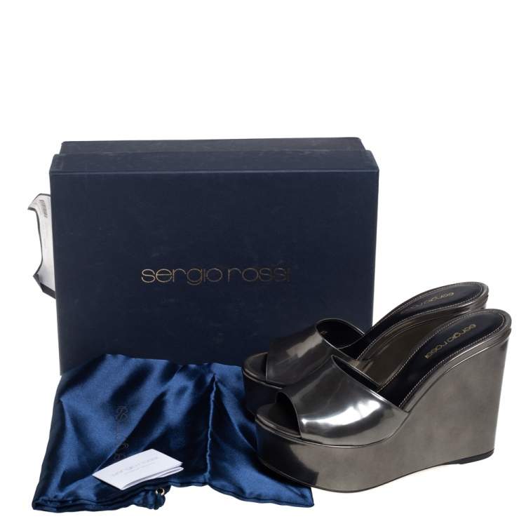 Pre Owned Gianvito Rossi Olive Green Patent Leather Wedge Platform Sandals Size 37