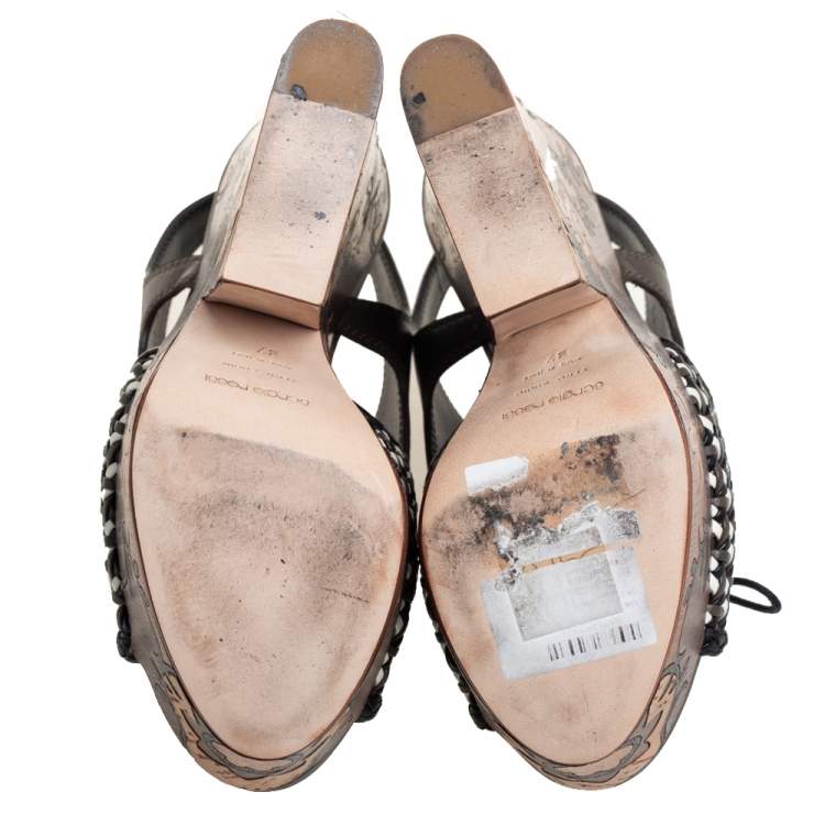 Pre Owned Sergio Rossi Multicolor Woven Leather and Leather Wedge Lace Up Sandals Size 37