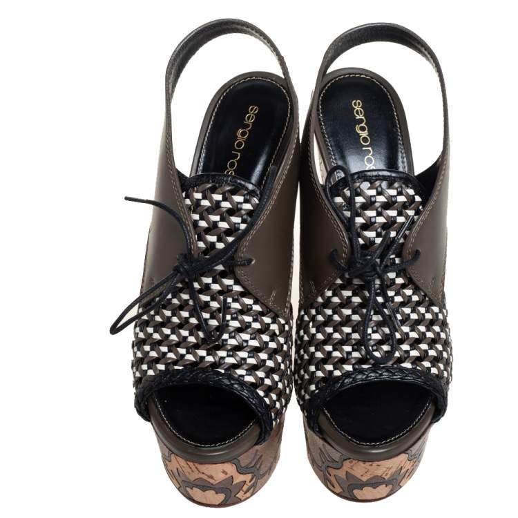 Pre Owned Sergio Rossi Multicolor Woven Leather and Leather Wedge Lace Up Sandals Size 37
