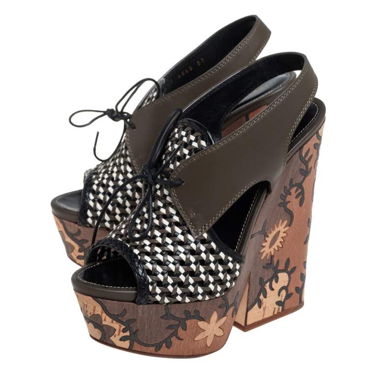 Pre Owned Sergio Rossi Multicolor Woven Leather and Leather Wedge Lace Up Sandals Size 37
