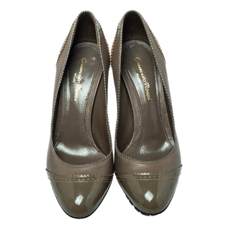 Pre Owned Gianvito Rossi Grey Leather And Patent  Block Heel Pumps Size 38