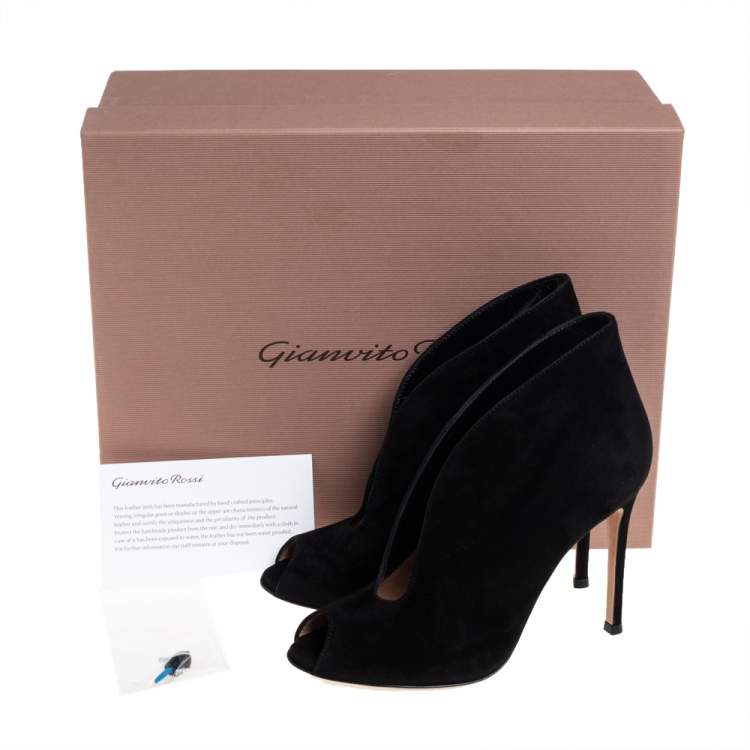 Pre Owned Gianvito Rossi Black Suede Vamp Peep Toe Booties Size 35.5