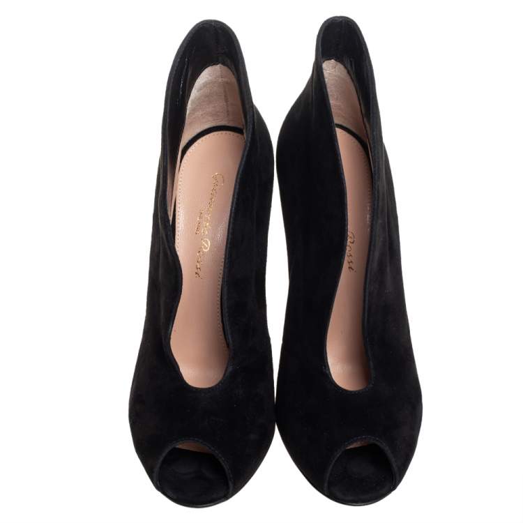 Pre Owned Gianvito Rossi Black Suede Vamp Peep Toe Booties Size 35.5
