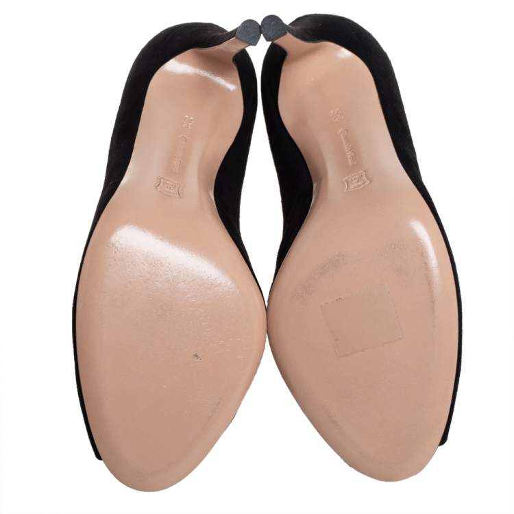 Pre Owned Gianvito Rossi Black Suede Vamp Peep Toe Booties Size 35.5