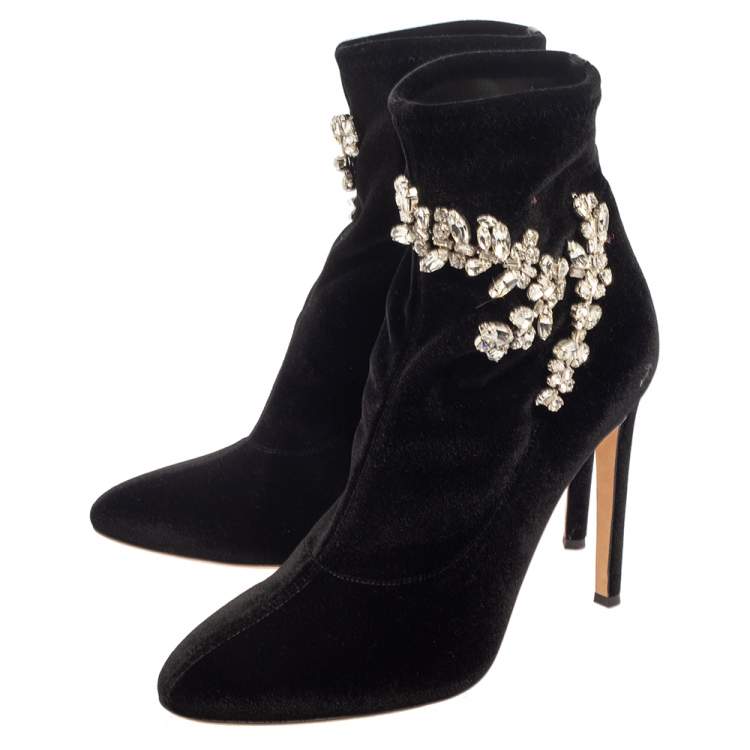 Pre Owned Giuseppe Zanotti Black Velvet Crystal Embellished Ankle Boots Size 41