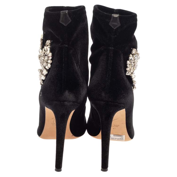 Pre Owned Giuseppe Zanotti Black Velvet Crystal Embellished Ankle Boots Size 41