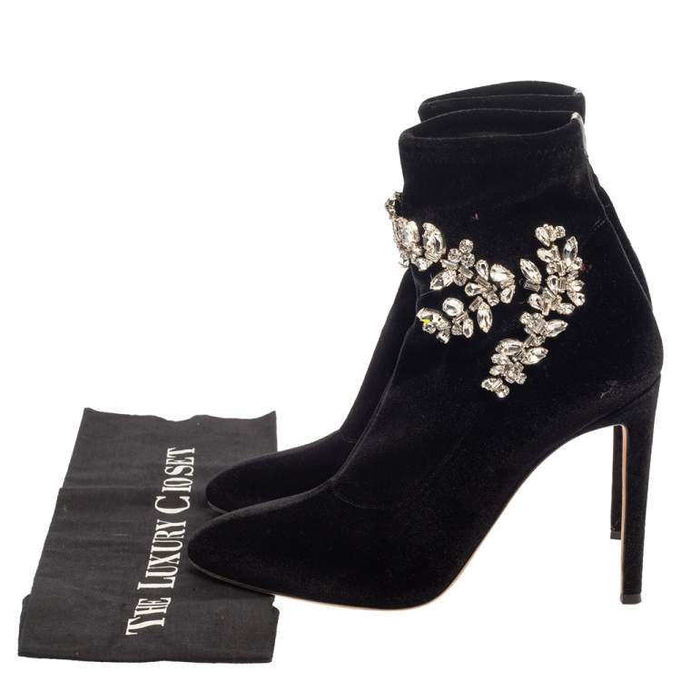 Pre Owned Giuseppe Zanotti Black Velvet Crystal Embellished Ankle Boots Size 41