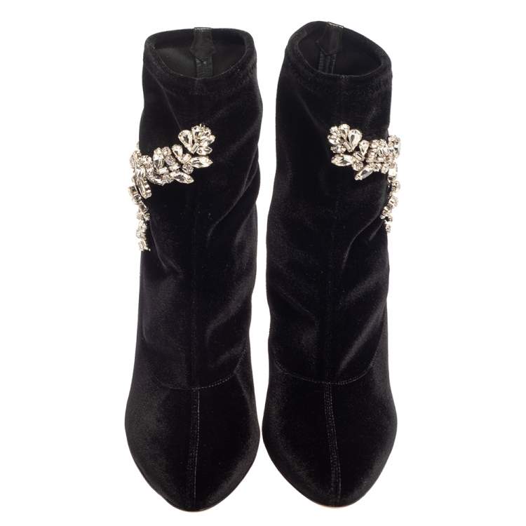 Pre Owned Giuseppe Zanotti Black Velvet Crystal Embellished Ankle Boots Size 41