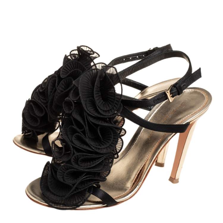 Pre Owned Gianvito Rossi Black Satin And Fabric Ruffle Sandals Size 36