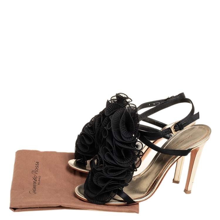 Pre Owned Gianvito Rossi Black Satin And Fabric Ruffle Sandals Size 36