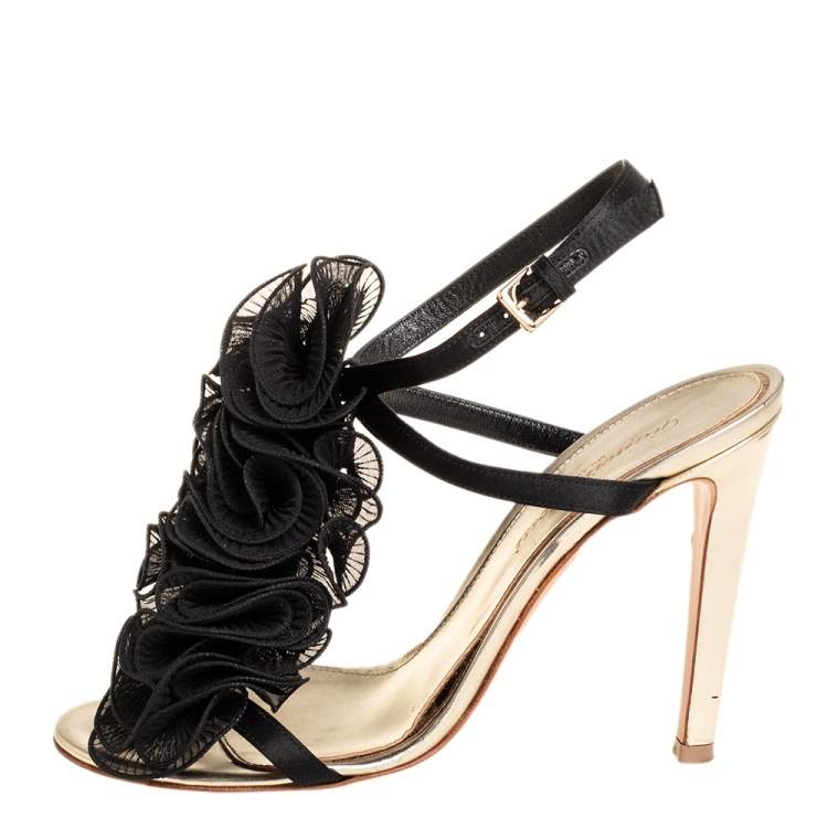 Pre Owned Gianvito Rossi Black Satin And Fabric Ruffle Sandals Size 36